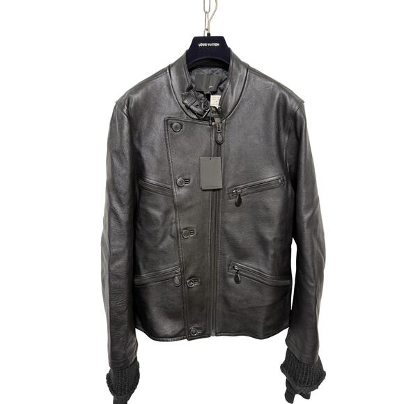 Alexander Wang Jacket Mens Medium Black Leather Asymmetric Knit Cuffs 603417F11 - Picture 1 of 16